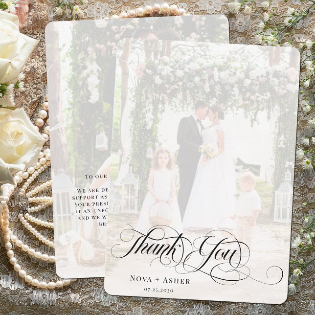 Classy Elegant Script Newlywed Photo Overlay Thank You Card (Creator Uploaded)