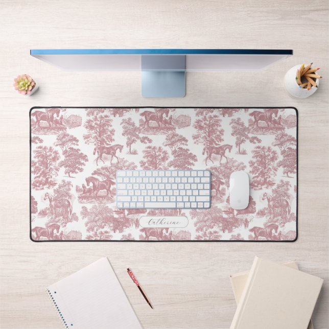 Classy Elegant Soft Pink Horses Toile with Name Desk Mat (Office 1)