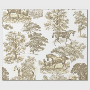 Classy Elegant Vintage Beige Gold Horses Toile Wrapping Paper
