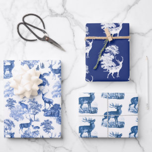 Classy Elegant Vintage Blue Toile Deer in Woodland Wrapping Paper Sheet