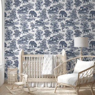 Classy Elegant Vintage Dusty Blue Horse Toile Wallpaper