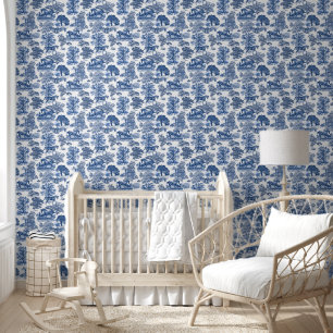 Classy Elegant Vintage Rustic Blue Horse Toile Wallpaper