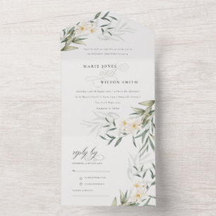 Classy Elegant White Greenery Floral Wedding All In One Invitation