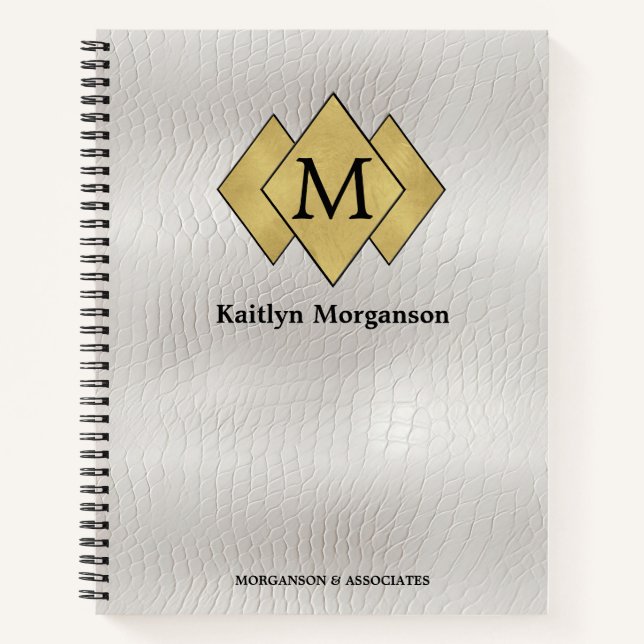 Classy Elegant White Leather Monogrammed Notebook (Front)