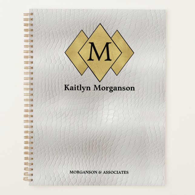 Classy Elegant White Leather Monogrammed Planner (Front)