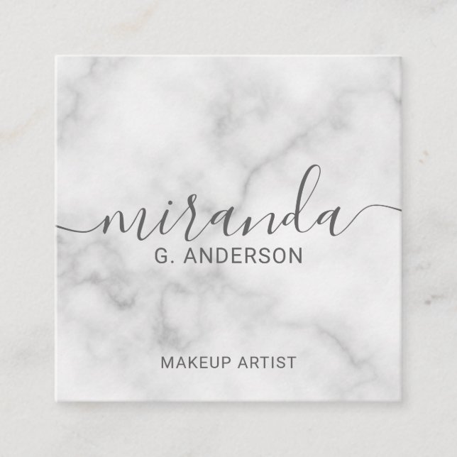 Classy Elegant White Marble Modern Script Square Business Card (Front)