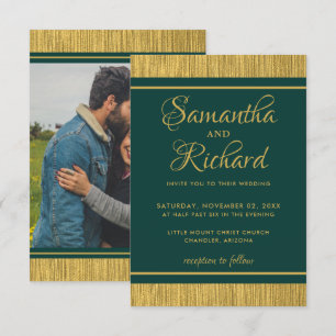 Classy Emerald Green And Gold Photo Wedding Invitation