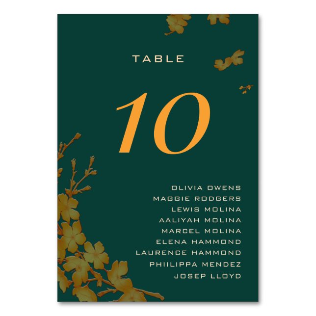 Classy Emerald Green Gold Floral Guest Names  Table Number (Front)