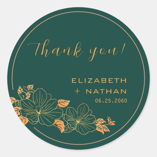 Classy Emerald Green Gold Floral Wedding Thank You Classic Round Sticker (Front)