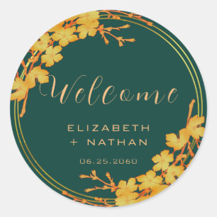 Classy Emerald Green Gold Floral Wedding Welcome Classic Round Sticker