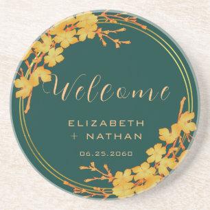 Classy Emerald Green Gold Floral Wedding Welcome Coaster