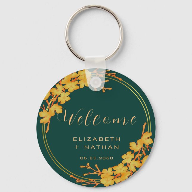 Classy Emerald Green Gold Floral Wedding Welcome Keychain (Front)