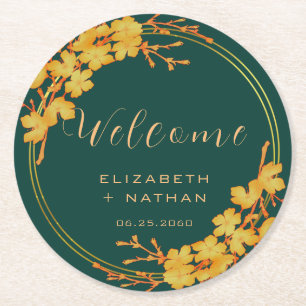 Classy Emerald Green Gold Floral Wedding Welcome Round Paper Coaster