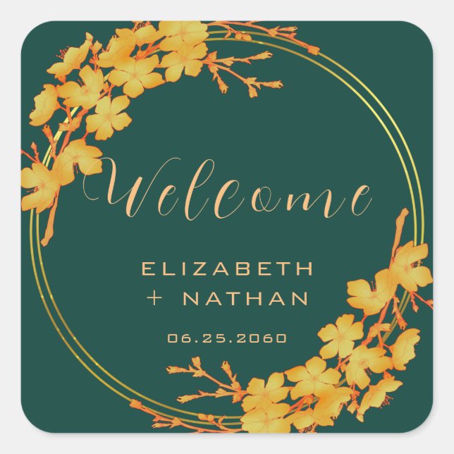 Classy Emerald Green Gold Floral Wedding Welcome Square Sticker (Front)