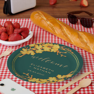 Classy Emerald Green Gold Floral Welcome Paper Plate