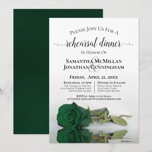 Classy Emerald Green Rose Wedding Rehearsal Dinner Invitation (Front/Back)