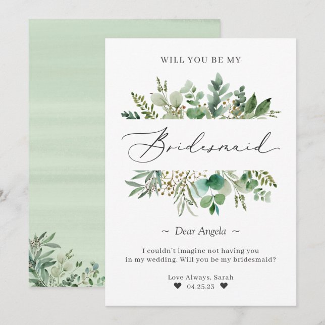 Classy Eucalyptus Leaves Be My Bridesmaid Proposal Invitation (Front/Back)