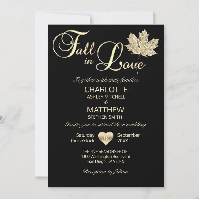 Classy FALL IN LOVE Black Gold Maple Leaf Wedding Invitation (Front)