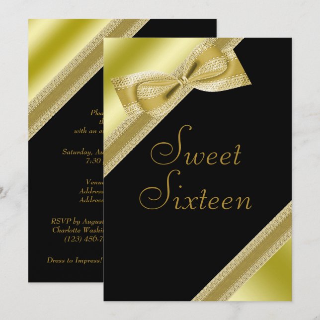 Classy Faux Bow & Ribbon Sweet 16 Birthday Invitation (Front/Back)