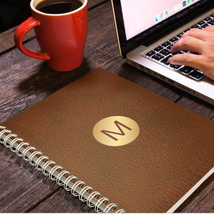 Classy Faux Brown Leather & Gold Initial Name  Notebook