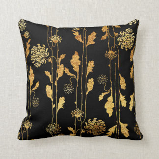Classy Faux Gold Foil Flowers on Black Throw Pillow