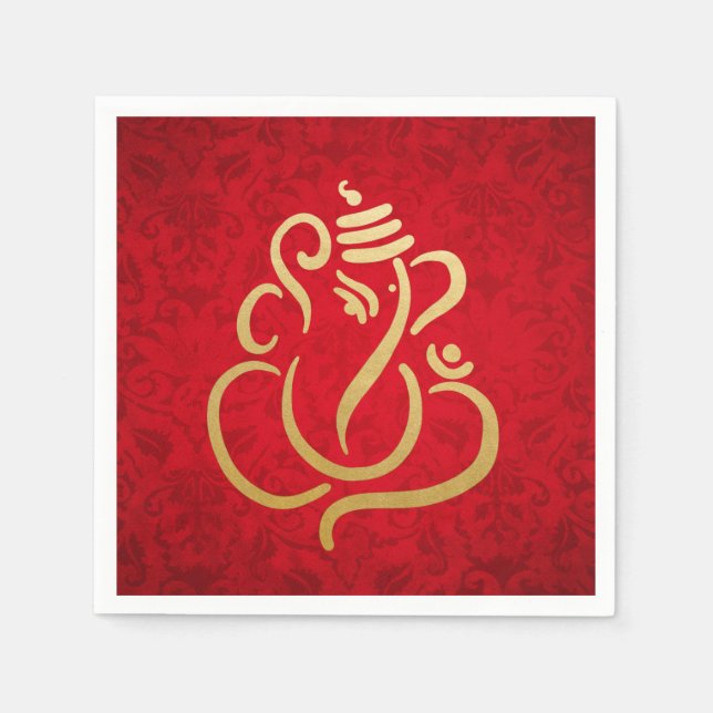 Classy Faux Gold Foil Ganesha Indian Red Damask Napkin (Front)