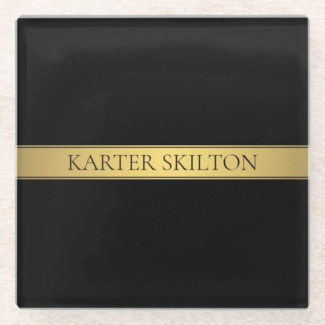 Classy Faux Gold Stripe & Black Background or DIY Glass Coaster (Front)