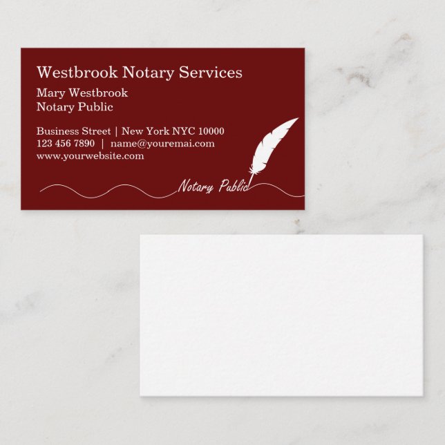 Classy Feather Pen Notary Public Business Card (Front/Back)