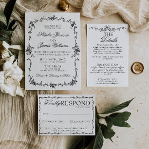 Classy Floral Black And White Botanical Wedding Invitation