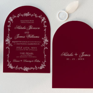 Classy Floral Burgundy Arched Botanical Wedding Invitation