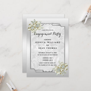 Classy Floral Gem, Silver Framed Silver Engagement Invitation