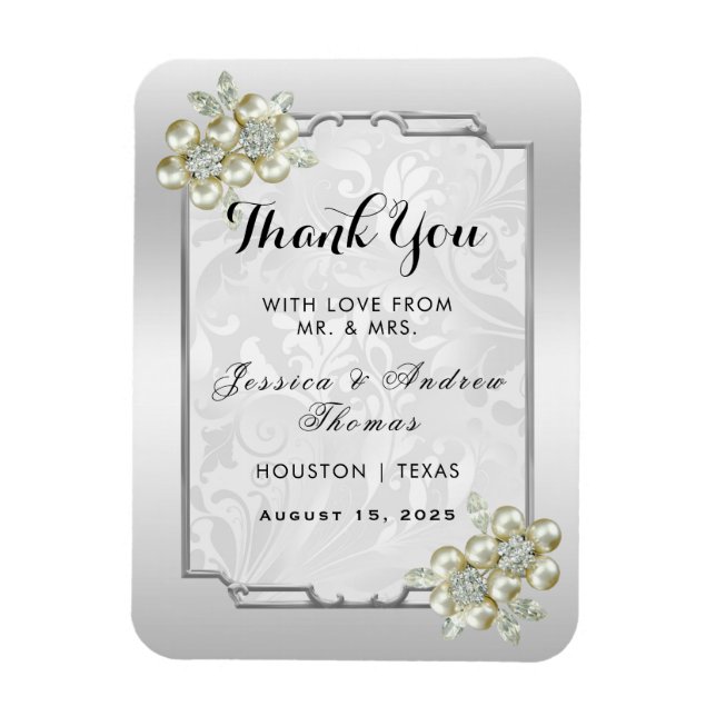 Classy Floral Gem, Silver Framed Wedding Favor Magnet (Vertical)