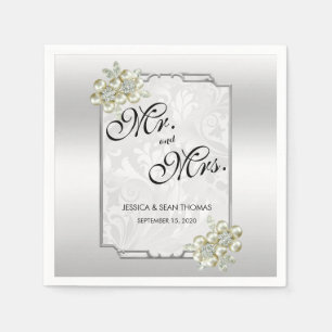 Classy Floral Gem, Silver Framed Wedding Napkin