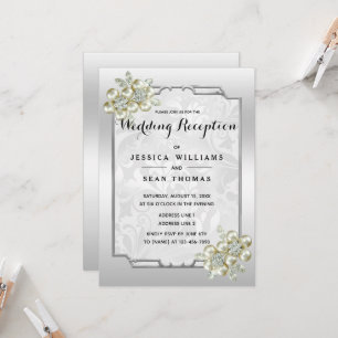 Classy Floral Gem, Silver Framed Wedding Reception Invitation
