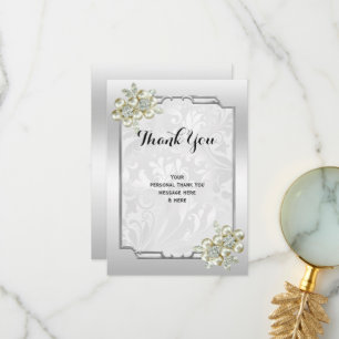 Classy Floral Gem, Silver Framed Wedding Thank You Card