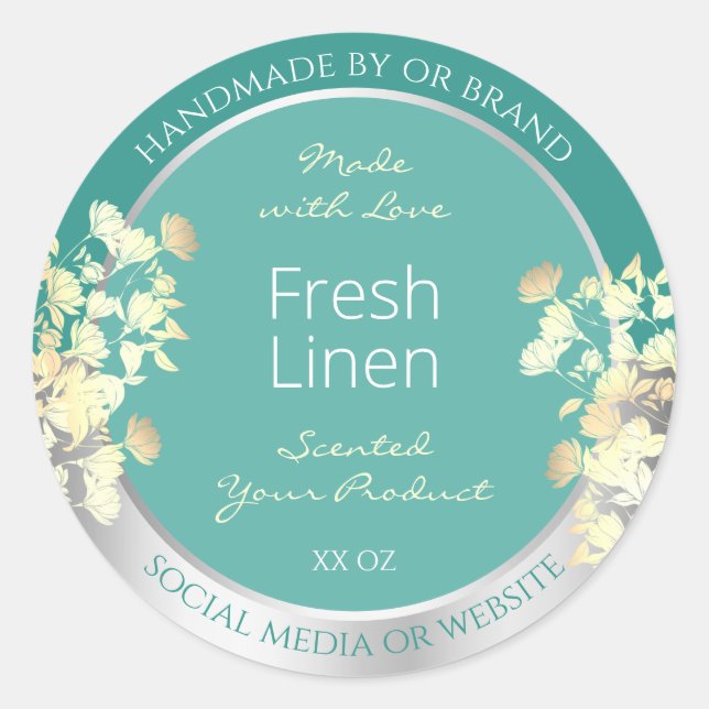 Classy Floral Product Packaging Labels Teal Silver (Front)