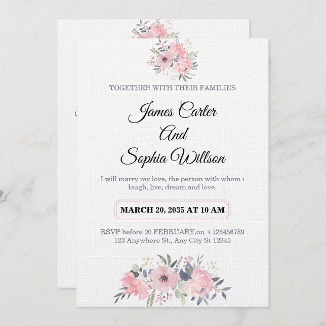 Classy Floral Wedding Invitation elegant card (Front/Back)