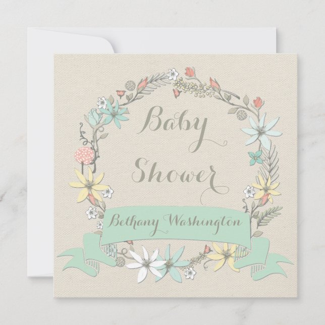 Classy Floral Wreath and Banner Baby Shower Invitation (Front)