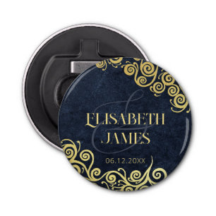 Classy Flourish Navy Blue And Gold Winter Wedding Bottle Opener