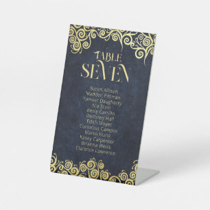 Classy Flourish Navy Blue And Gold Winter Wedding Pedestal Sign