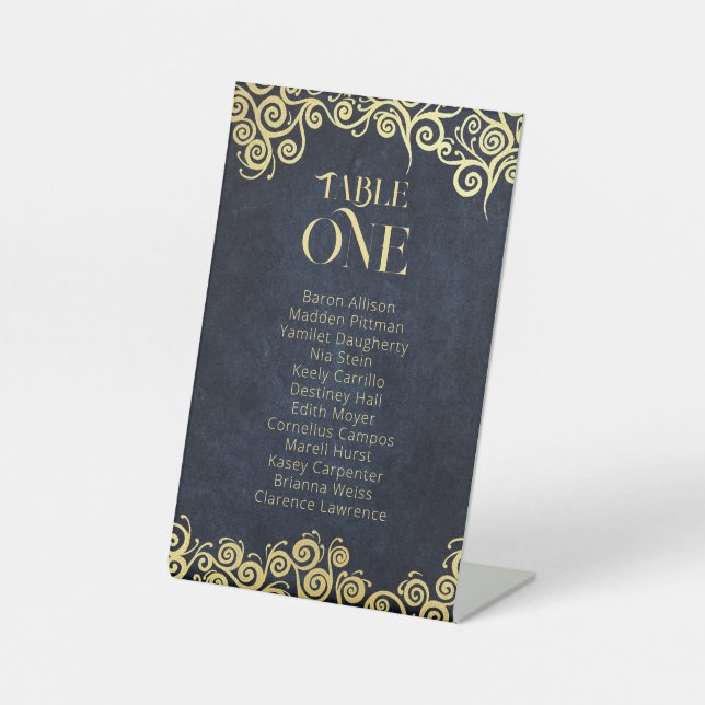  Classy Flourish Navy Blue And Gold Winter Wedding Pedestal Sign (Front)