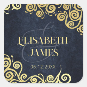 Classy Flourish Navy Blue And Gold Winter Wedding Square Sticker