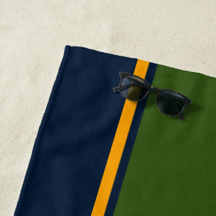 Classy Forest Green Orange Racing Stripes On Navy Beach Towel