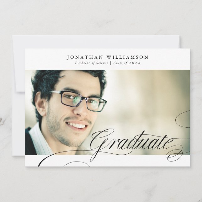 Classy Formal Elegant Script Graduate Two Photo Announcement (Front)