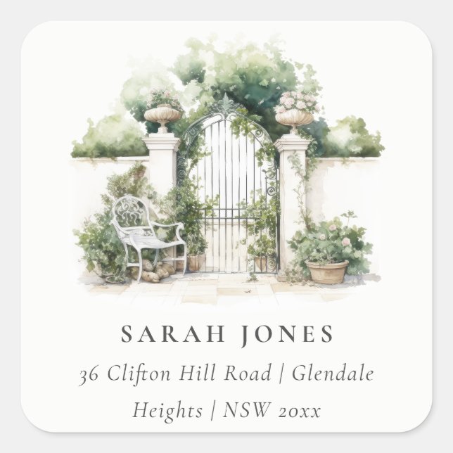 Classy French Garden Landscape Watercolor Address Square Sticker (Front)