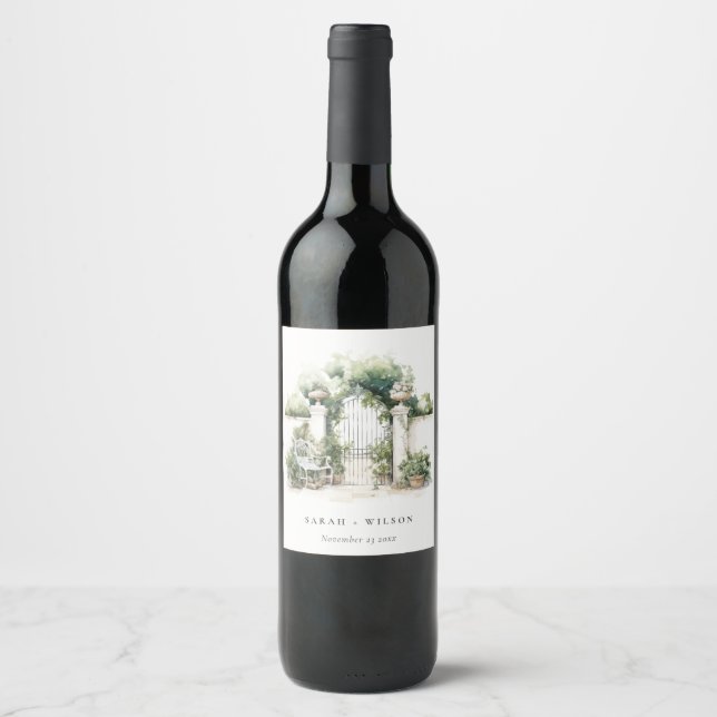 Classy French Garden Landscape Watercolor Wedding Wine Label (Front)