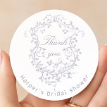Classy French Lavender Bridal Shower Thank You Classic Round Sticker<br><div class="desc">Classic French victorian lavender floral crest thank you sticker. For more advanced customization of this design,  please click the DESIGN TOOL BUTTON above!</div>