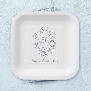 Classy French Victorian Blue 50th Birthday Party Paper Plate