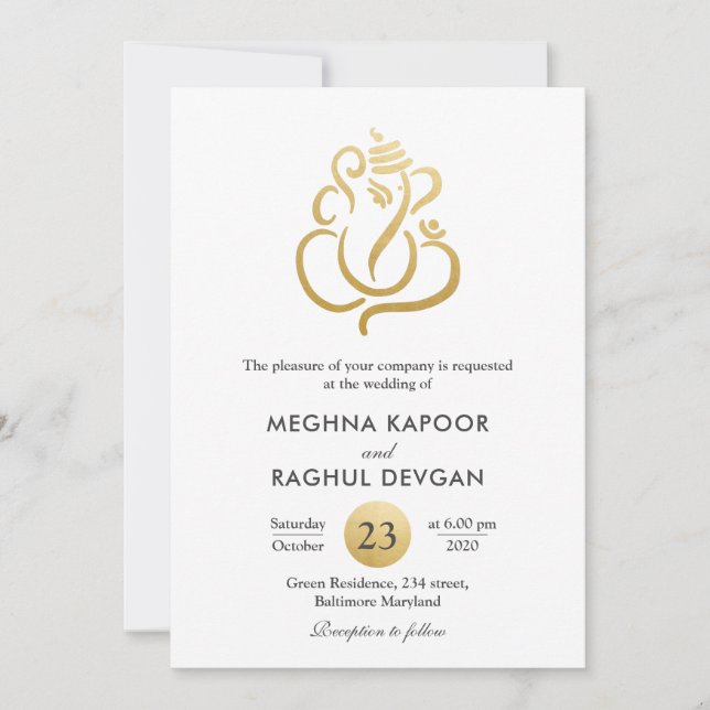 Classy Fuax Gold Foil Ganesha/Indian God Wedding Invitation (Front)
