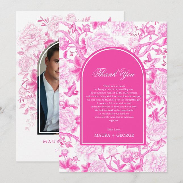 Classy Fuchsia Pink Chinoiserie Wedding Photo Thank You Card (Front/Back)
